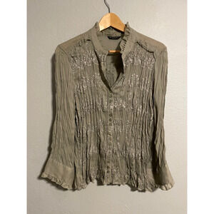 Sunny Taylor Womens Top Medium Green Rayon Floral Lace Trim Feminine Fairy Y2K